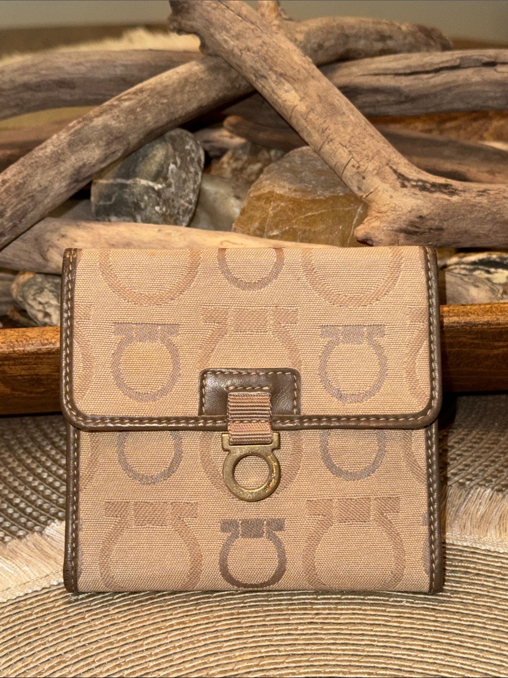 Salvatore Ferragamo Beige Gancini Canvas Wallet with Metal Clasp